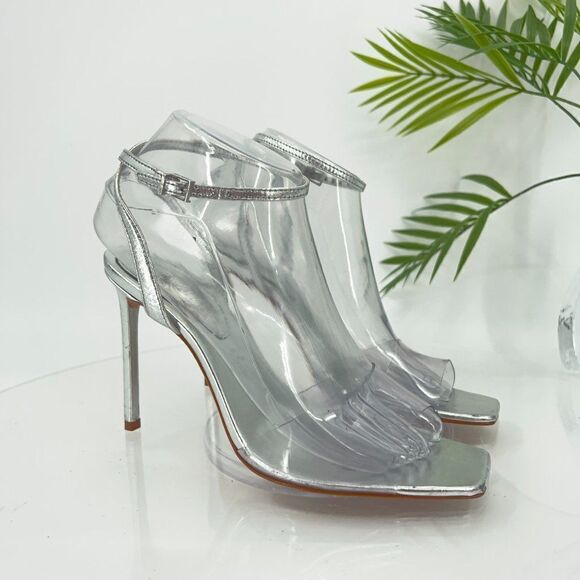 SCHUTZ Metallic Jamili Clear Ankle Strap Sandal Stiletto Heel - Picture 1 of 16